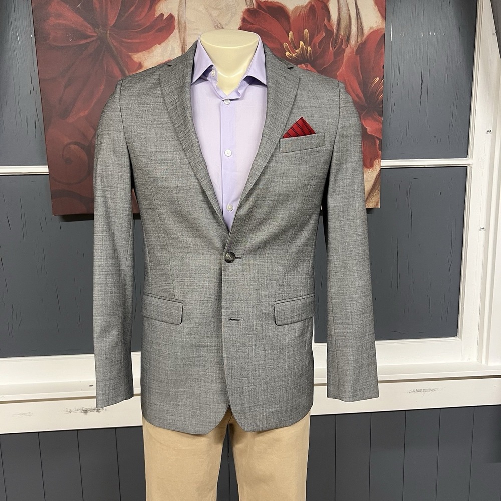 Kenneth Cole Blazer Sport Jacket Mens 38L Long Slim Fit Wool Blend Stretch Gray - Picture 2 of 13